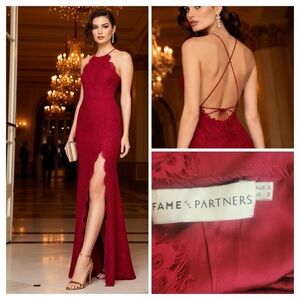 FREE PEOPLE x FAME & PARTNERS Lace Red Halter Maxi Gown Open Back Front Slit 2